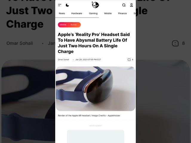 Rumour!!!!!!Apple’s ‘Reality Pro’ Headset Said To Have Abysmal Battery Life Of Just Two Hours