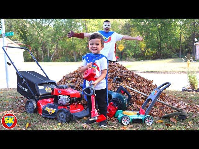 Leaf pile clean up with our lawn mower, weed eater and leaf blower | Lawn mowers for kids