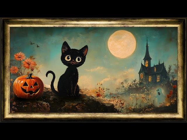 BIG MOON cat Halloween screensaver, vintage gold frame TV art