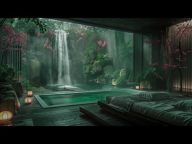 Hidden Bedroom with Waterfall View for Sleeping, Meditate ️ Water & Rain Sound without Thunder