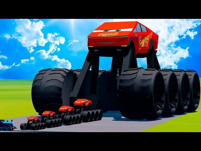 Big & Small Cybertruck Monster Truck Lightning McQueen VS Thomas the Tank Engine Train BeamNG.drive