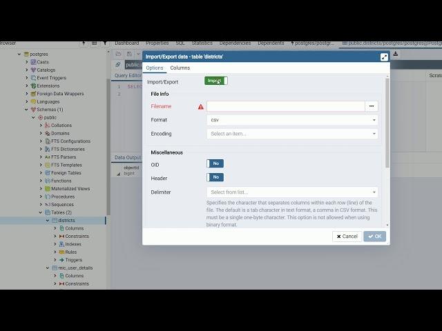PostgreSQL - PgAdmin 4 - Import csv file using PgAdmin
