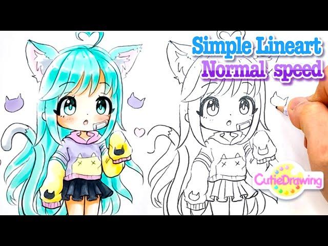 Let's draw Lineart with me! (Normal speed ) How to draw a Cat girl with a hoodie/Gachalife/Easy