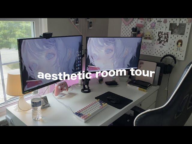 room tour | pink gaming set up, cute vanity desk, minimalist + cozy