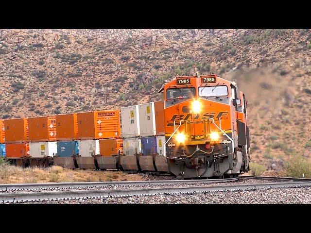 BNSF Double stack rolls through west end of Crozier Canyon on a rainy July evening