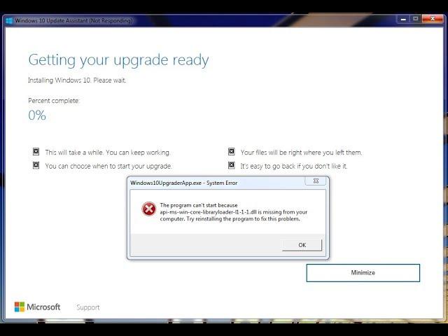 How to fix api-ms-win-core-libraryloader-l1-1-1.dll is missing while upgrading to Windows 10
