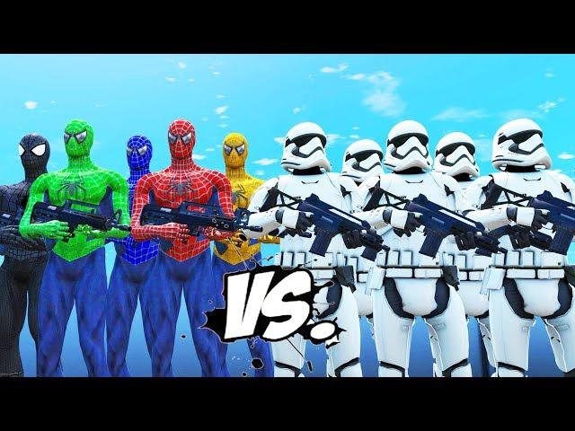 STORMTROOPERS ARMY VS SPIDER-MAN, BLUE SPIDERMAN, GREEN SPIDERMAN, YELLOW SPIDERMAN, BLACK SPIDERMAN