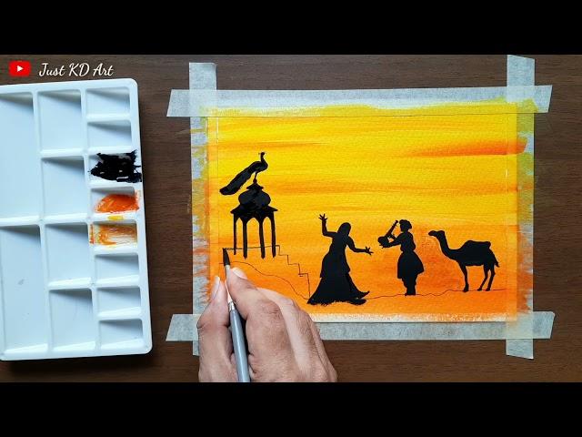 Beautiful Rajasthan Sunset Scenery Painting with watercolor । How to draw sunset scenery