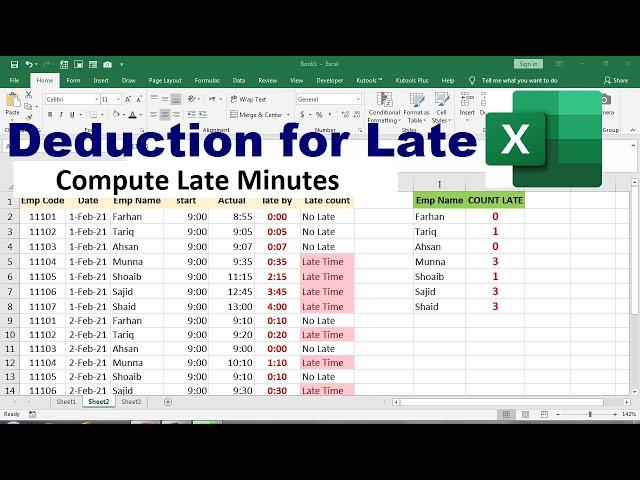 excel formula to calculate time worked || late coming format in excel