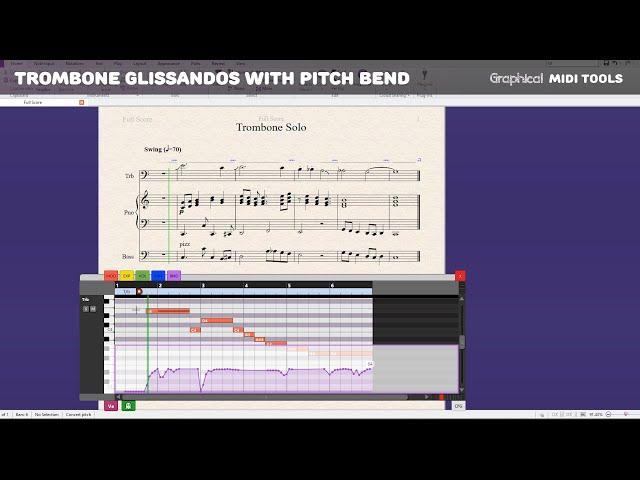 Using pitch bend to create trombone glissandos in Sibelius.