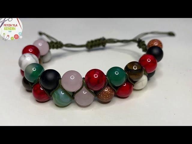 DOĞAL TAŞ BİLEKLİK YAPIMI - Uniseks çift sıra bileklik - Unisex double beaded bracelet diy