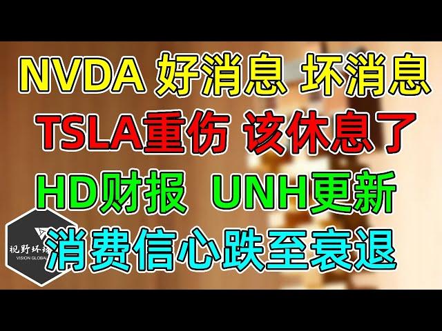 美股  NVDA财报前瞻！TSLA最低跌至2字头，三个月首次！HD财报、UNH更新！消费者信心预期跌至衰退区域！