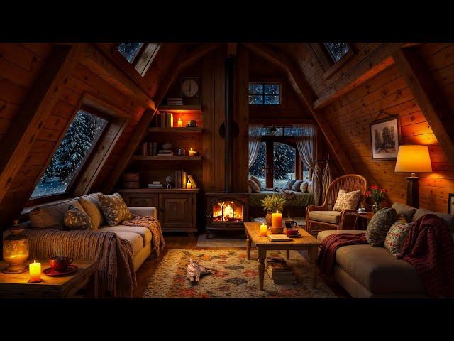 Winter Night in Cozy Reading Nook with Soothing Jazz Music & Fireplace Sounds for Relaxation ️