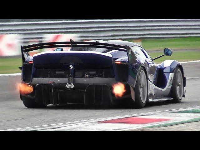 8 x Ferrari FXX K EVO Pure Sound at Monza Circuit: Accelerations, Flames & Hot Glowing Brakes!