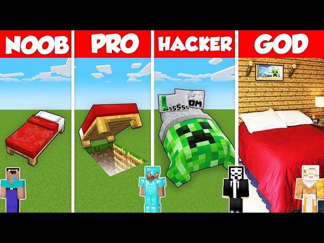 Bed Base Build Battle Challenge - Noob vs Pro vs Hacker vs God - Minecraft Animation