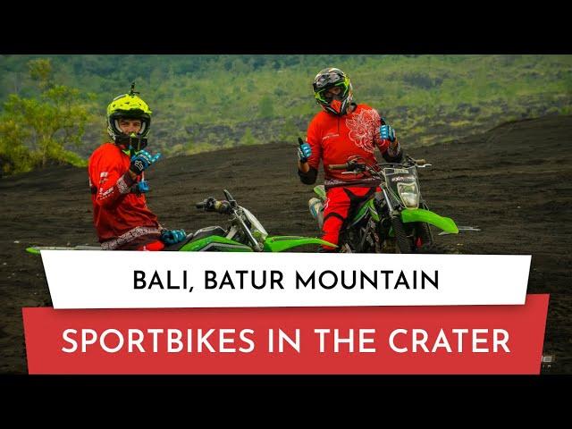 Ride on Enduro Sport Bikes in the crater of Batur volcano, Bali, Indonesia. Terrible biker accident