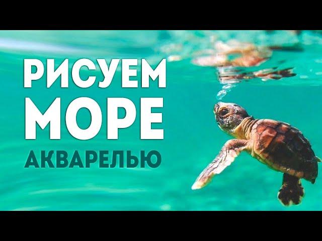 Как нарисовать море акварелью? Морской пейзаж, волны и черепашка.