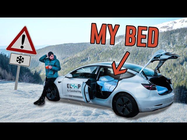 Sleeping in Tesla Model 3 in the Snow