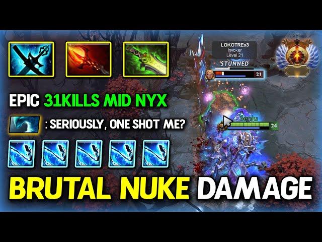 BRUTAL NUKE DAMAGE MID Nyx Assassin 31Kills With LVL5 Dagon + Ethereal Blade Build 7.37d DotA 2