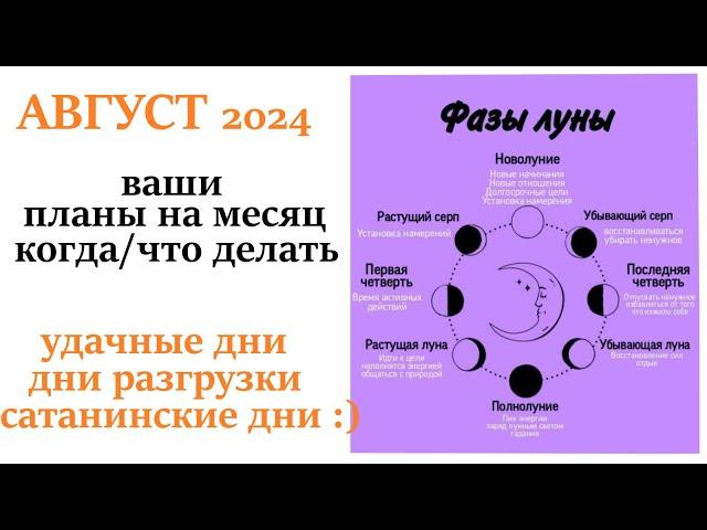 Лунный месяц АВГУСТ 2024совет как правильно планировать месяц  удачные и не удачные дни месяца!