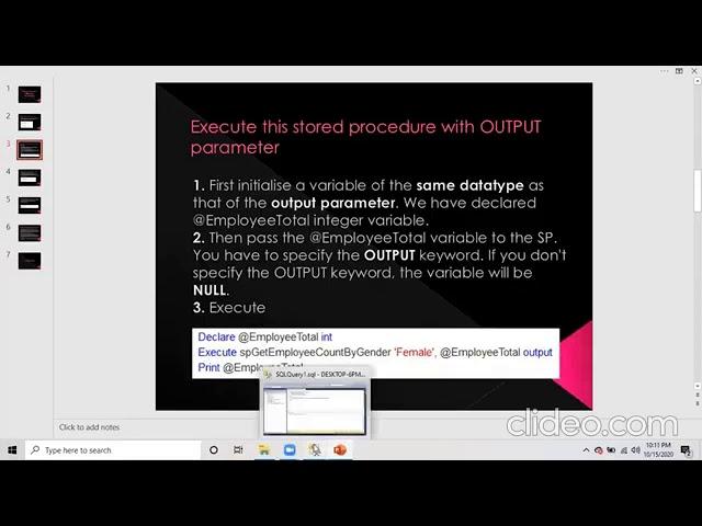 Class 9 Stored Procedures with input and output parameters