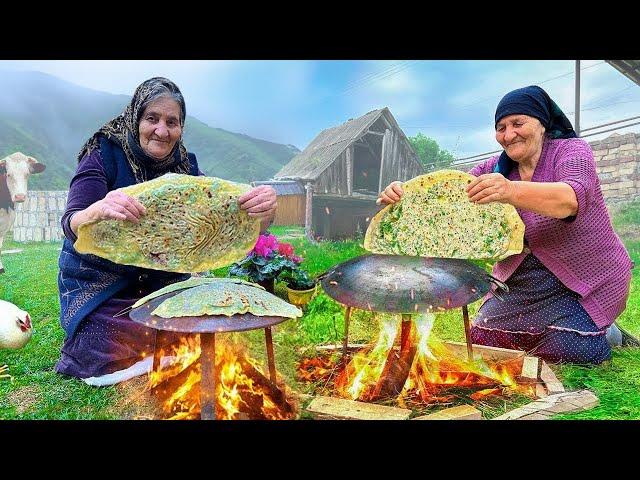 Grandma's Secrets: Cooking Lots of Big Kutabs with Fresh Greens in the Village!