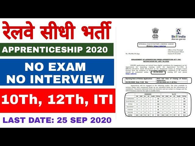 ICF Railway Apprentice Vacancy 2020 | Integral Coach Factory Chennai Apprentice Recruitment 2020