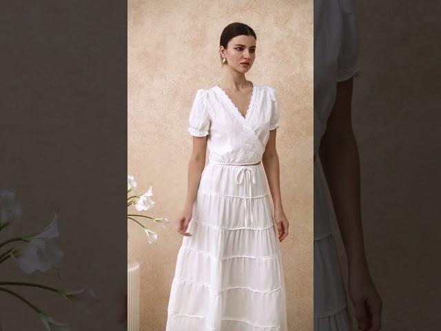 Eyelet Lace Wrap Front Crop Top in White & Relaxed Fit Tie-Waist Tiered Maxi Skirt in White