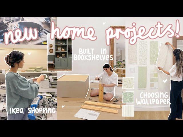 making BUILT IN BOOKSHELVES! ikea shop with me, building cabinets + new wallpaper!