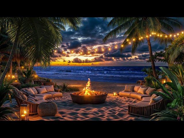 Peaceful Sunset  Relaxing on a Lounger, Warm Campfire & Soothing Wave Sounds
