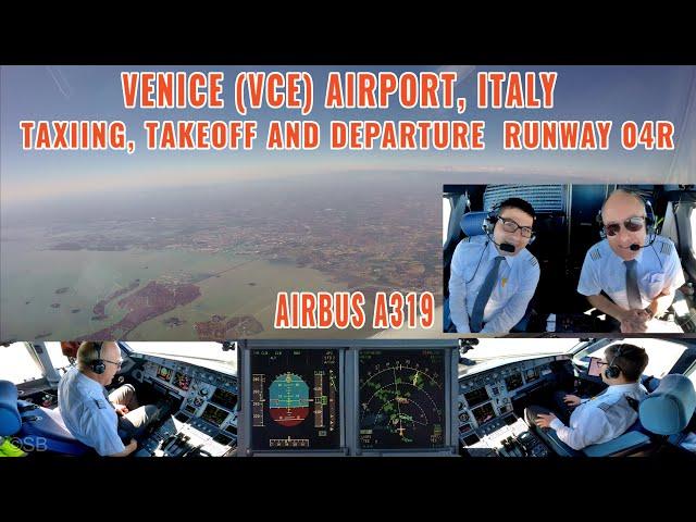 VENICE (VCE), Italy | Takeoff and departure over the city | Airbus A319 cockpit + pilot views