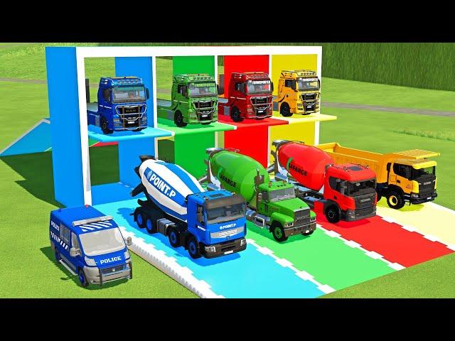 TRANSPORTING EXCAVATOR, MIXER TRUCK, BULLDOZER, POLICE CARS TO GARAGE WITH MAN TRUCK - FS22