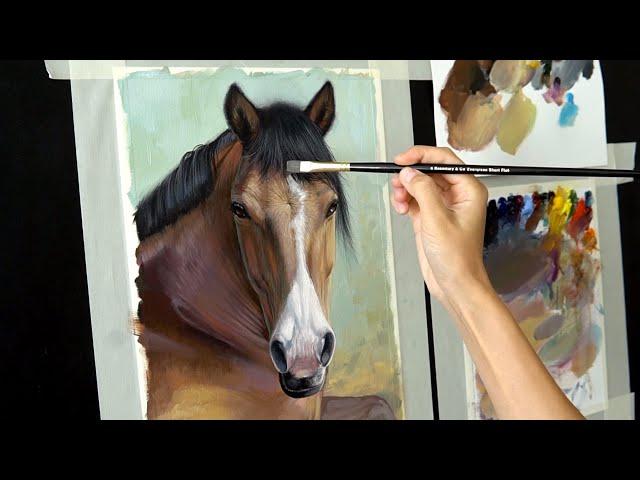 How to paint horse portrait, full face ? Oil painting tutorial, step by step. Acrylic underpainting.