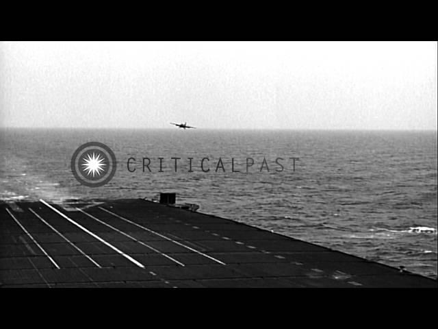 F3D Skynight aircraft lands on the flight deck of USS Midway. HD Stock Footage