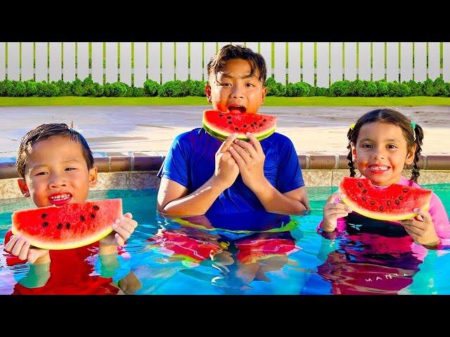 Alex Ellie and Kaden Learn Pool Rules: Watermelons and Waterslides