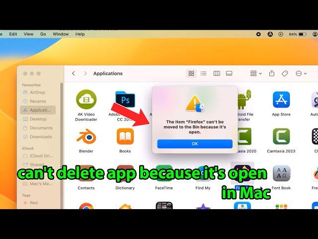 item can't be moved to bin because it's open Mac