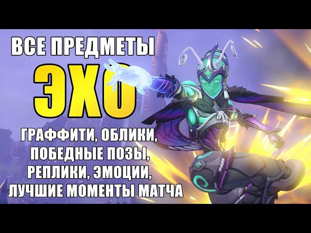 OVERWATCH | ВСЕ ПРЕДМЕТЫ НА ЭХО | ГРАФФИТИ,ОБЛИКИ, ПОБЕДНЫЕ ПОЗЫ, РЕПЛИКИ, ЭМОЦИИ