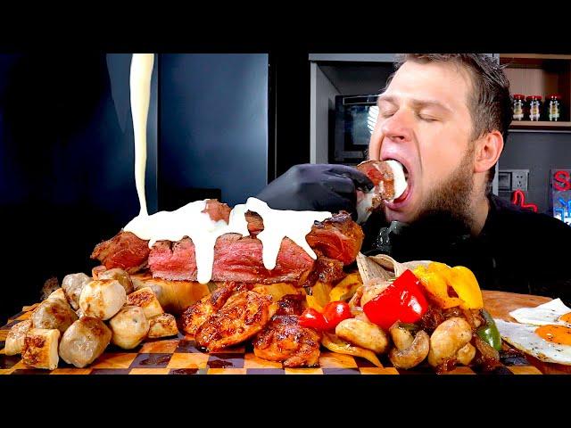 BEEF STEAK, BBQ CHICKEN, VEGETABLES, FRIED EGGS, ASMR MUKBANG, АСМР МУКБАНГ, 먹방, 大食い, たべる, 谢尔盖