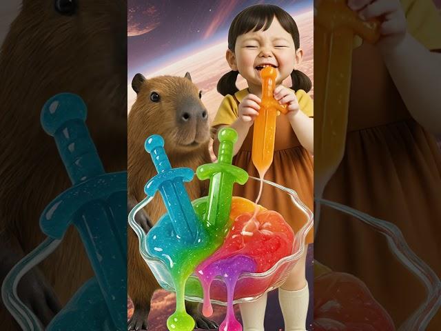 Capybara & Girl Taste Rainbow Sword Candy! ️ Galactic Slime Dessert Battle