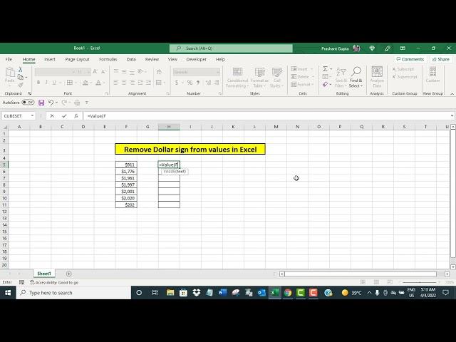 Remove dollar sign from values in Excel