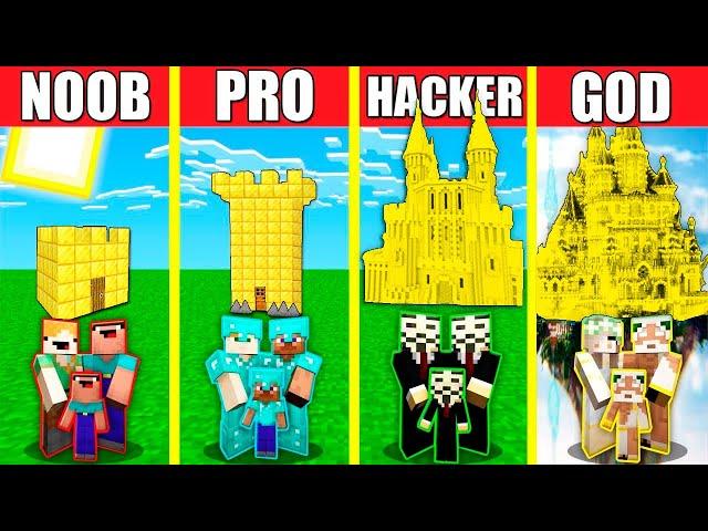 Minecraft Battle: GOLD CASTLE HOUSE BUILD CHALLENGE - NOOB vs PRO vs HACKER vs GOD / Animation