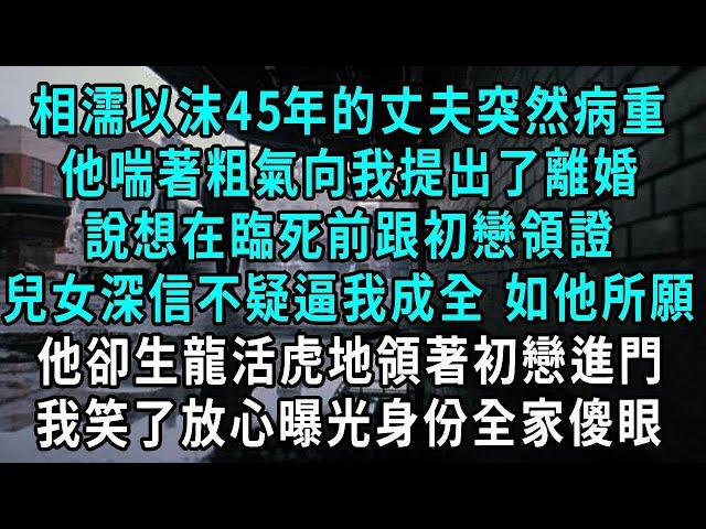 相濡以沫45年的丈夫突然病重，兒女問他有什麼遺憾未完成，他竟喘著粗氣向我提出了離婚，說想在臨死前跟初戀領證，心軟答應他卻生龍活虎領著初戀進門，我笑了放心曝光身份全家傻眼#爽文#情感