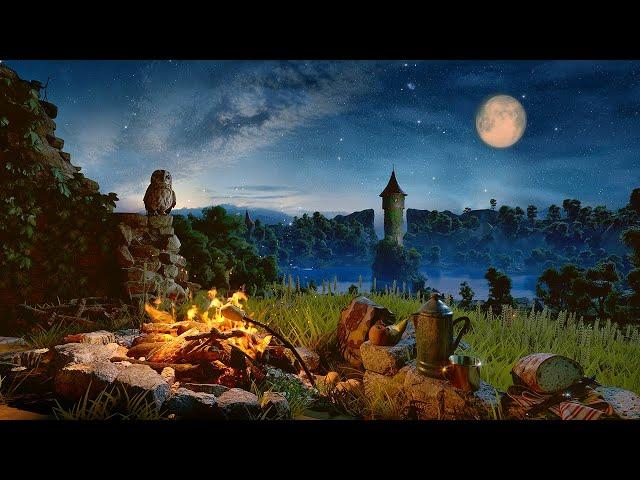 Enchanting Nighttime Ambience: Medieval Cozy Spot by the Campfire for Resting with a Starry Sky 