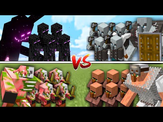 MINECRAFT RAID and VILLAGERS VS NETHER and END in Minecraft Mob Battle