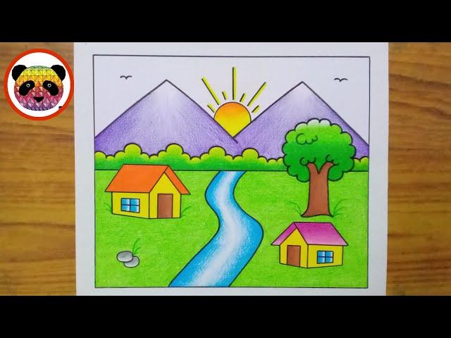 Scenery Drawing / How to Draw Beautiful Landscape Scenery / Village Scenery Drawing / Chitra / Art