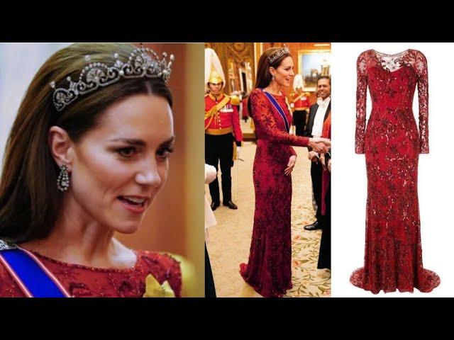 Kate Middleton Holds Court in Lotus Flower Tiara & Sparkling Red Dress at Diplomatic Reception