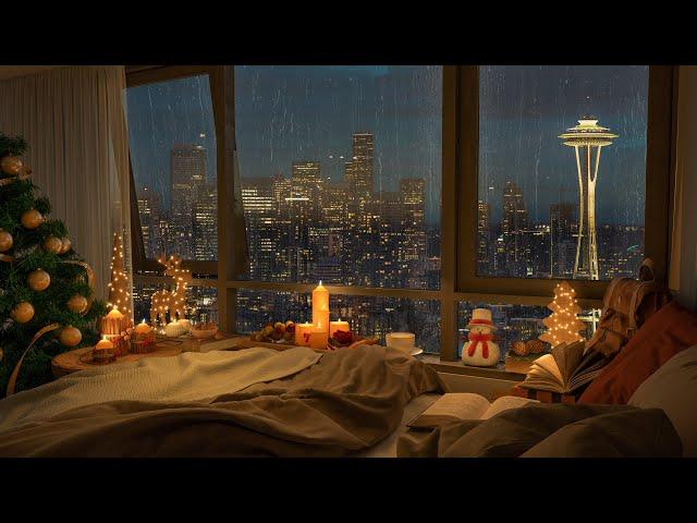 4K Cozy Bedroom with a Night View of the Seattle City | Jazz Music for Relax and Study