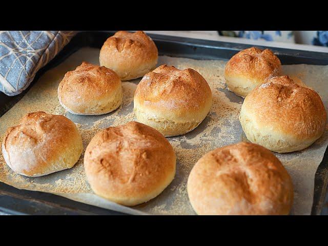 No-knead crusty buns! Best easiest bread you'll ever bake! 4 ingredients!