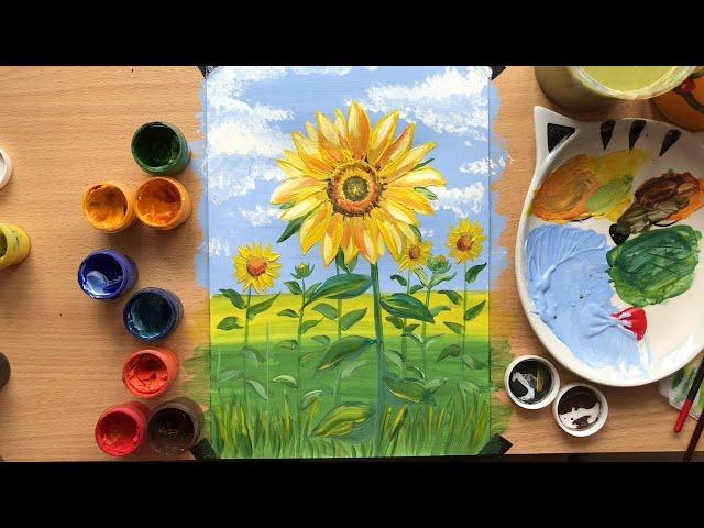 Рисунок подсолнуха гуашью | Drawing sunflower gouache paints