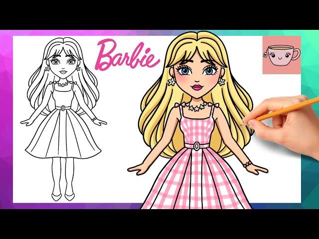 How To Draw Barbie in Pink Dress | Barbie Movie - Margot Robbie |  Cute Easy Drawing Tutorial